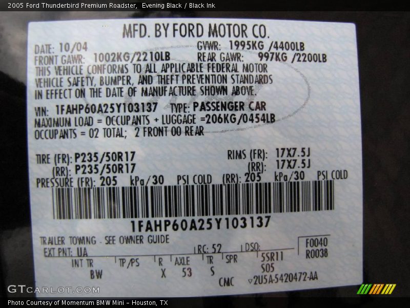 Evening Black / Black Ink 2005 Ford Thunderbird Premium Roadster