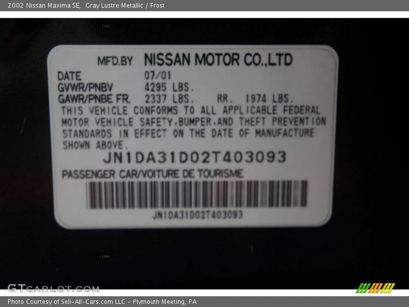 Gray Lustre Metallic / Frost 2002 Nissan Maxima SE