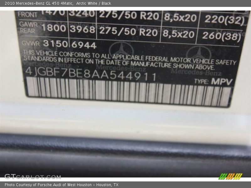 Arctic White / Black 2010 Mercedes-Benz GL 450 4Matic