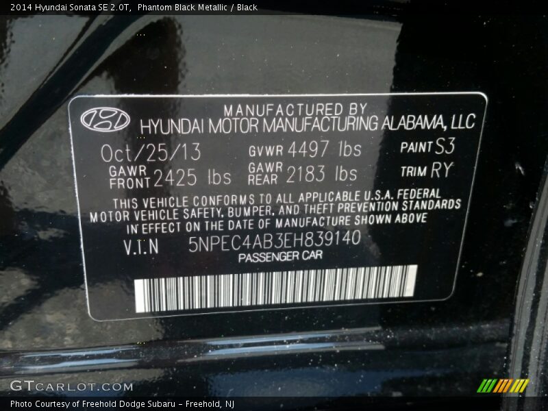 Phantom Black Metallic / Black 2014 Hyundai Sonata SE 2.0T