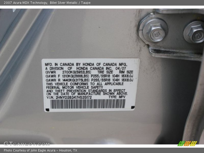 Billet Silver Metallic / Taupe 2007 Acura MDX Technology