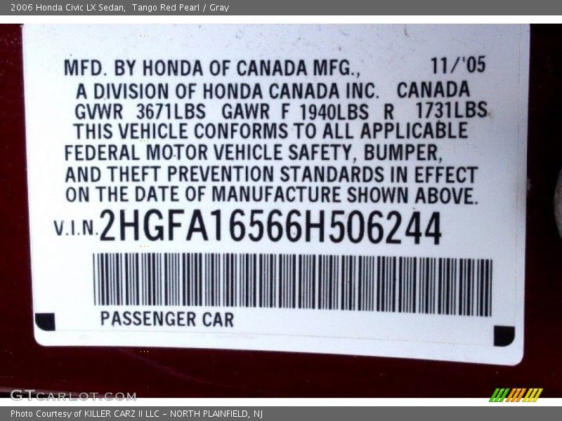 Tango Red Pearl / Gray 2006 Honda Civic LX Sedan