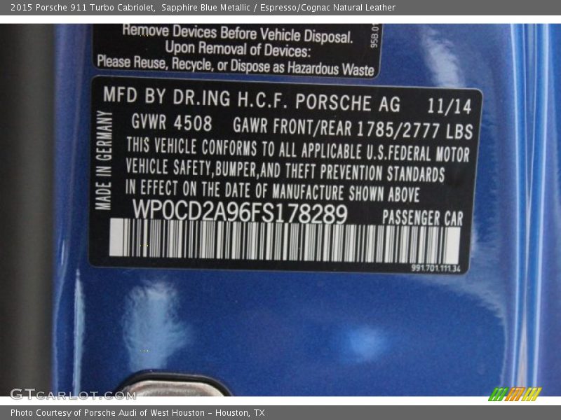 Sapphire Blue Metallic / Espresso/Cognac Natural Leather 2015 Porsche 911 Turbo Cabriolet