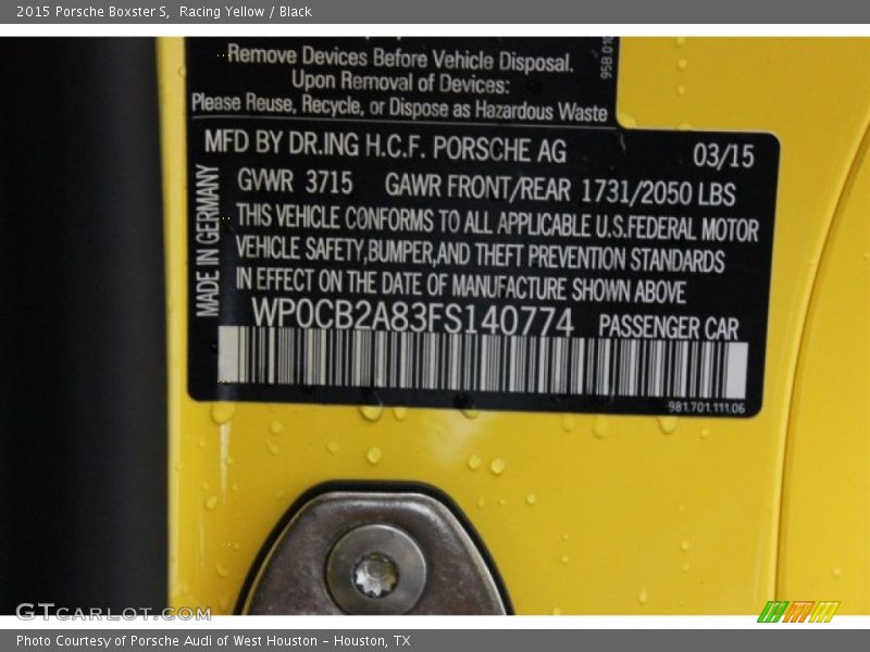 Racing Yellow / Black 2015 Porsche Boxster S