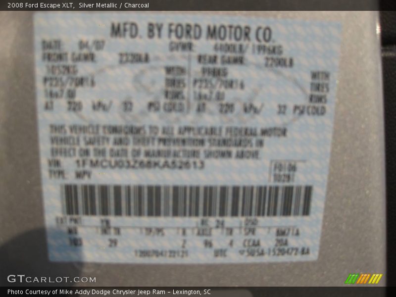 Silver Metallic / Charcoal 2008 Ford Escape XLT
