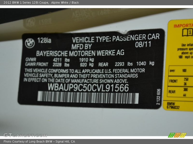 Alpine White / Black 2012 BMW 1 Series 128i Coupe