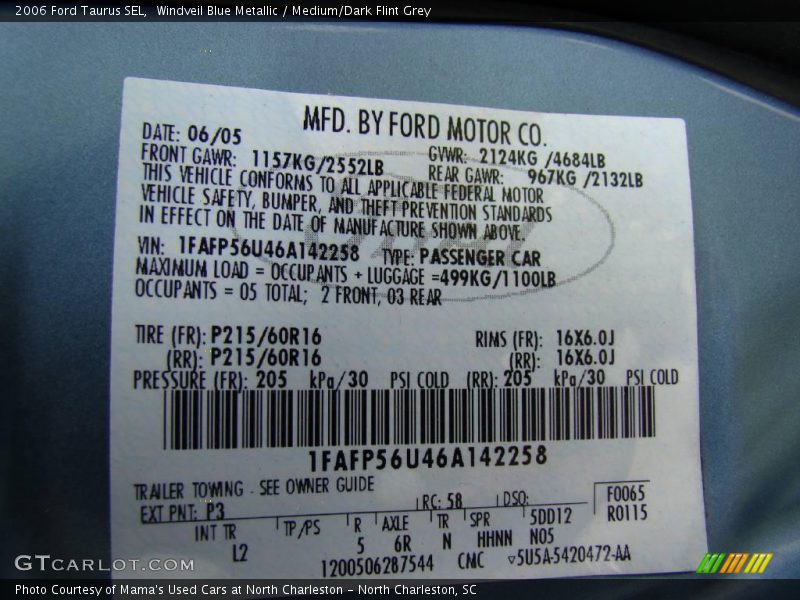 Windveil Blue Metallic / Medium/Dark Flint Grey 2006 Ford Taurus SEL