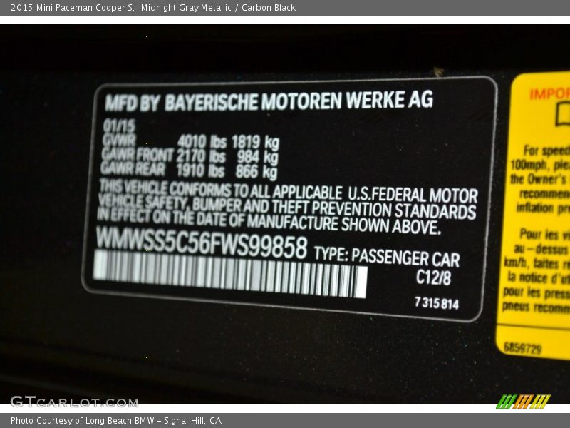 2015 Paceman Cooper S Midnight Gray Metallic Color Code C12