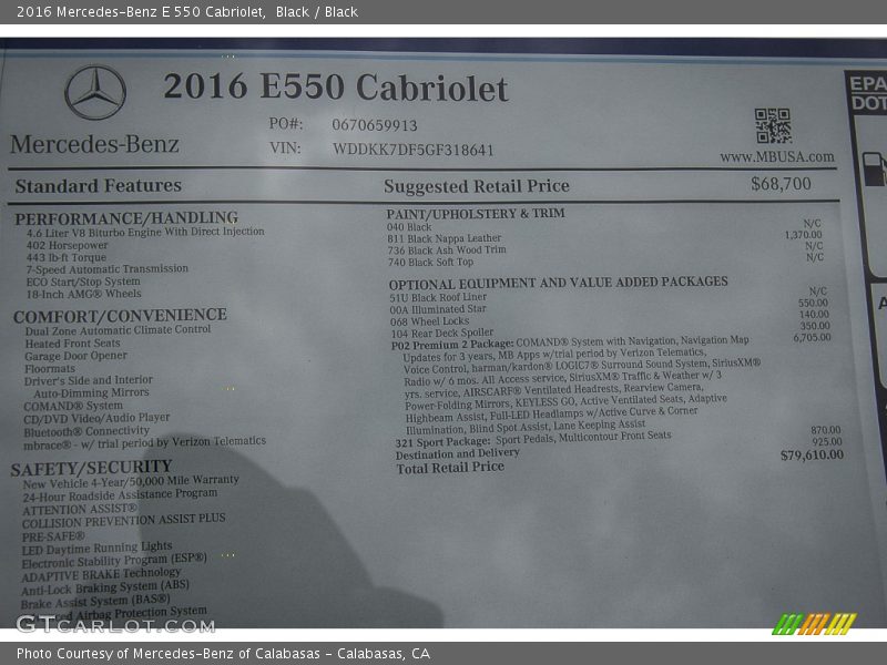  2016 E 550 Cabriolet Window Sticker