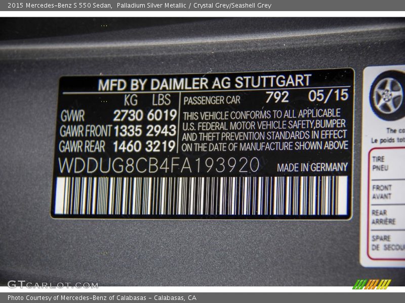Palladium Silver Metallic / Crystal Grey/Seashell Grey 2015 Mercedes-Benz S 550 Sedan