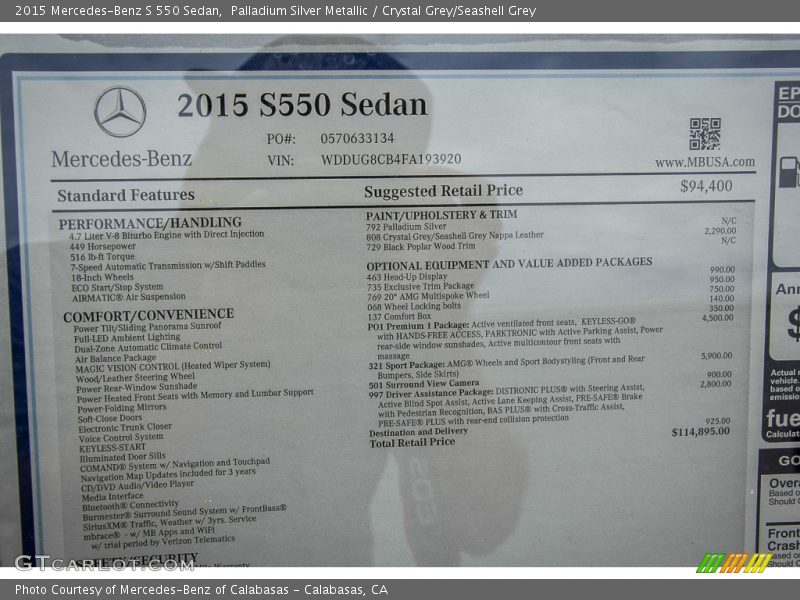Palladium Silver Metallic / Crystal Grey/Seashell Grey 2015 Mercedes-Benz S 550 Sedan