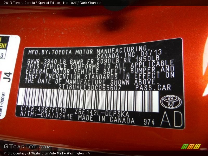 Hot Lava / Dark Charcoal 2013 Toyota Corolla S Special Edition