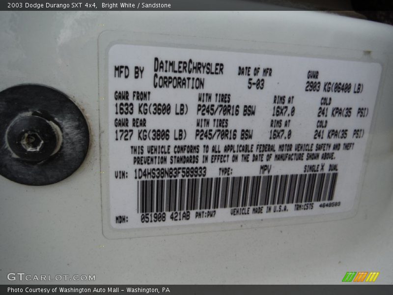 Bright White / Sandstone 2003 Dodge Durango SXT 4x4