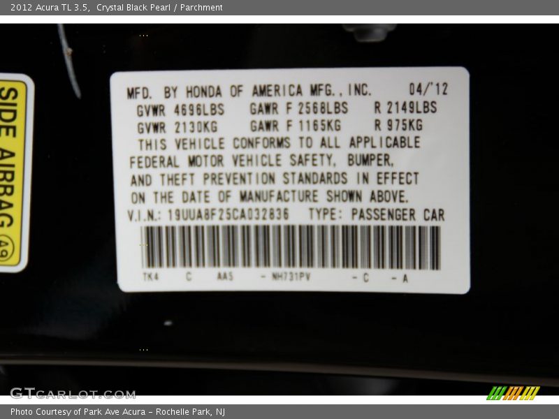Crystal Black Pearl / Parchment 2012 Acura TL 3.5