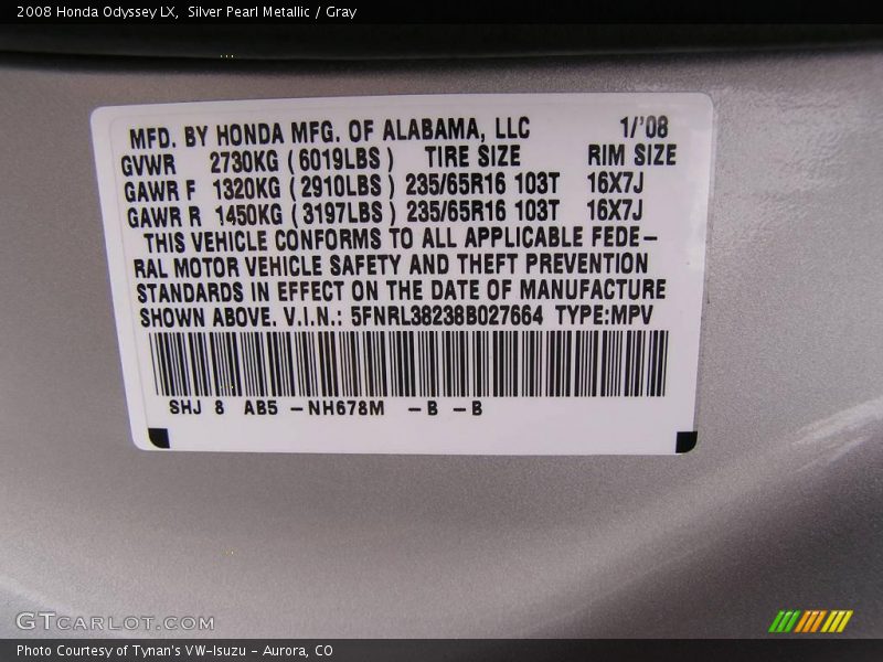 Silver Pearl Metallic / Gray 2008 Honda Odyssey LX