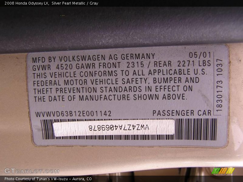 Silver Pearl Metallic / Gray 2008 Honda Odyssey LX