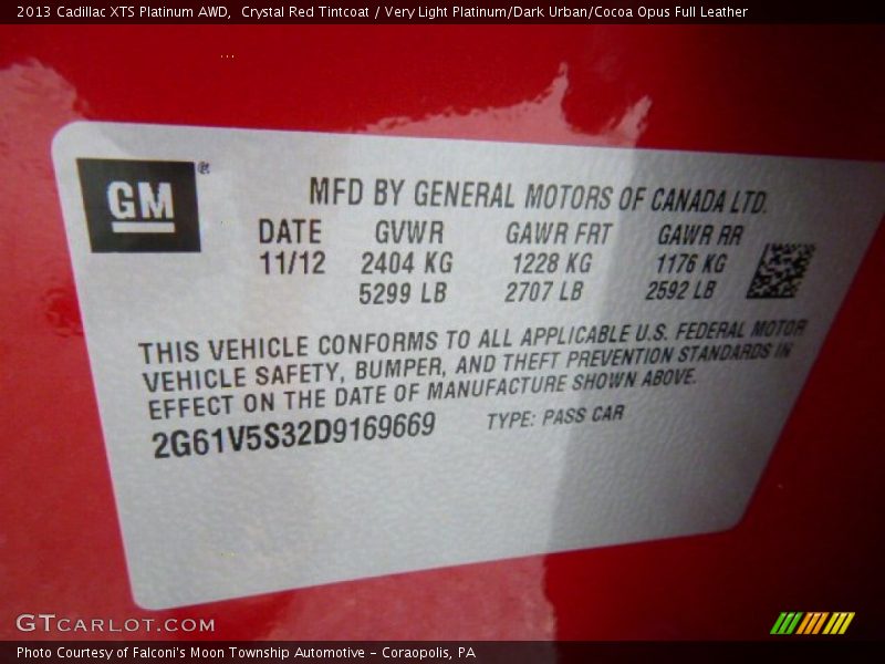 Crystal Red Tintcoat / Very Light Platinum/Dark Urban/Cocoa Opus Full Leather 2013 Cadillac XTS Platinum AWD