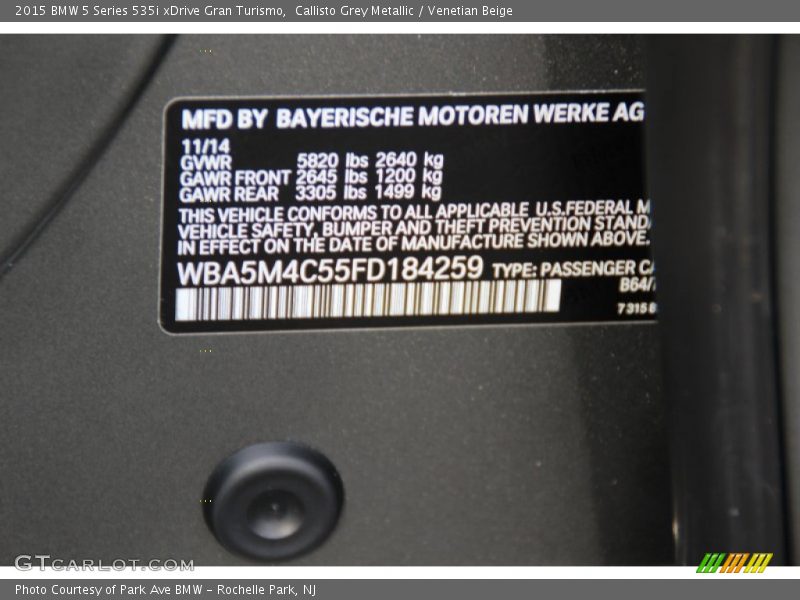 2015 5 Series 535i xDrive Gran Turismo Callisto Grey Metallic Color Code B64