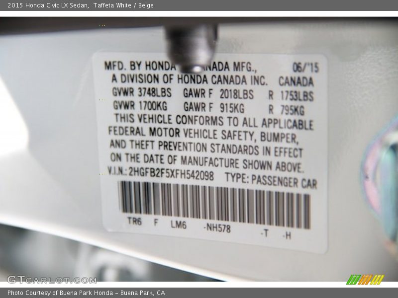 Taffeta White / Beige 2015 Honda Civic LX Sedan