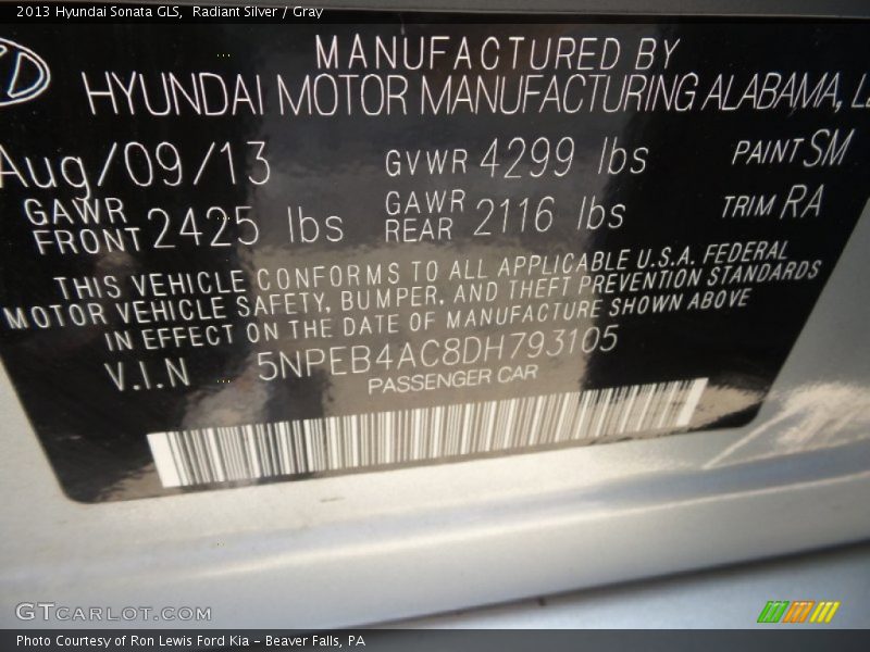 Radiant Silver / Gray 2013 Hyundai Sonata GLS