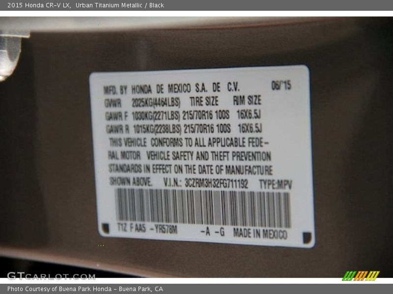 Urban Titanium Metallic / Black 2015 Honda CR-V LX