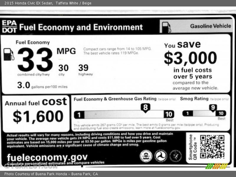 Taffeta White / Beige 2015 Honda Civic EX Sedan