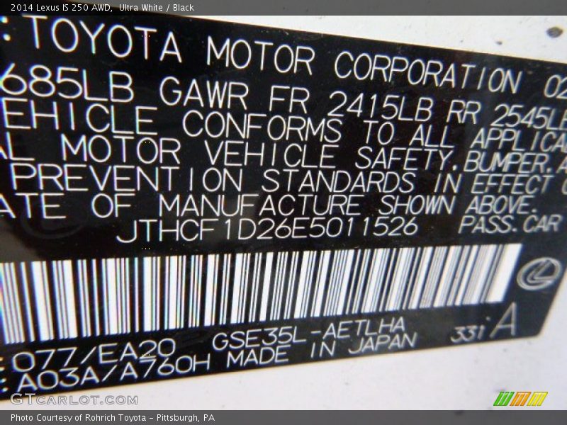 Ultra White / Black 2014 Lexus IS 250 AWD
