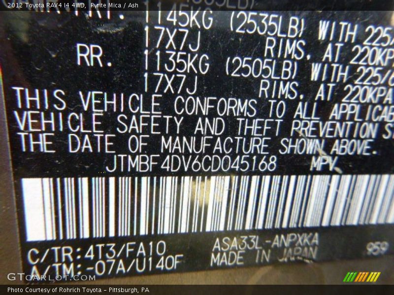 Pyrite Mica / Ash 2012 Toyota RAV4 I4 4WD