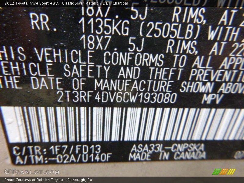 Classic Silver Metallic / Dark Charcoal 2012 Toyota RAV4 Sport 4WD