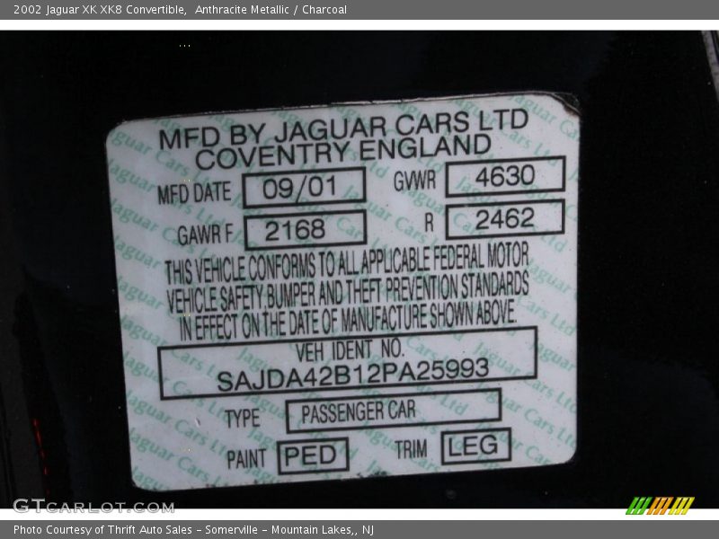 2002 XK XK8 Convertible Anthracite Metallic Color Code PED