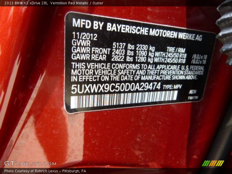 Vermillion Red Metallic / Oyster 2013 BMW X3 xDrive 28i