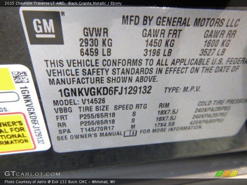 Black Granite Metallic / Ebony 2015 Chevrolet Traverse LT AWD