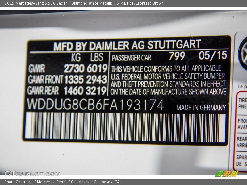 Diamond White Metallic / Silk Beige/Espresso Brown 2015 Mercedes-Benz S 550 Sedan