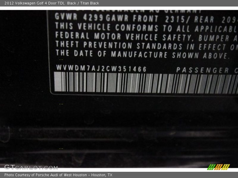 Black / Titan Black 2012 Volkswagen Golf 4 Door TDI