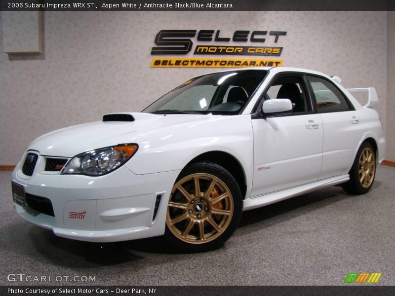 Aspen White / Anthracite Black/Blue Alcantara 2006 Subaru Impreza WRX STi