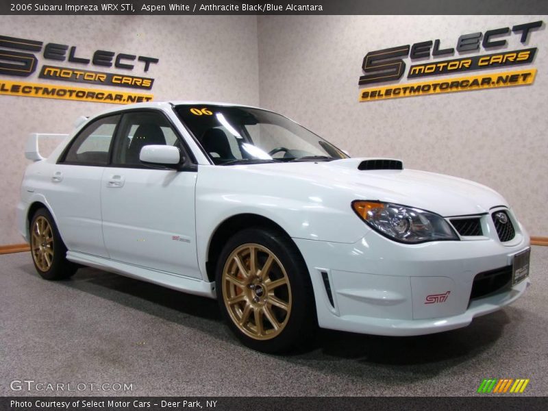 Aspen White / Anthracite Black/Blue Alcantara 2006 Subaru Impreza WRX STi