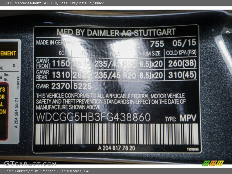 Steel Grey Metallic / Black 2015 Mercedes-Benz GLK 350