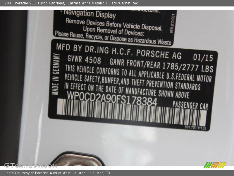 Carrara White Metallic / Black/Garnet Red 2015 Porsche 911 Turbo Cabriolet