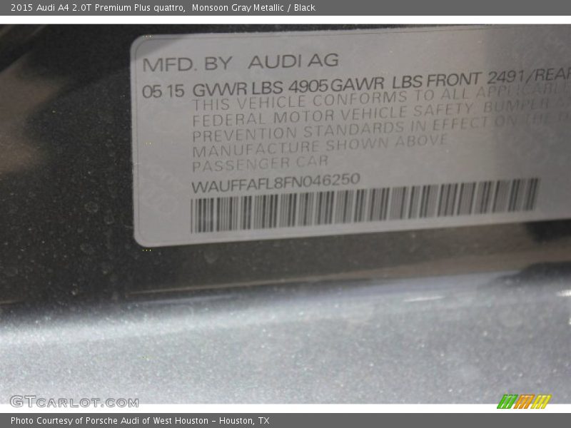 Monsoon Gray Metallic / Black 2015 Audi A4 2.0T Premium Plus quattro