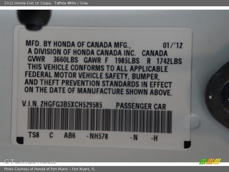 Taffeta White / Gray 2012 Honda Civic LX Coupe
