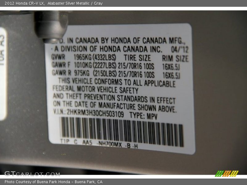 Alabaster Silver Metallic / Gray 2012 Honda CR-V LX