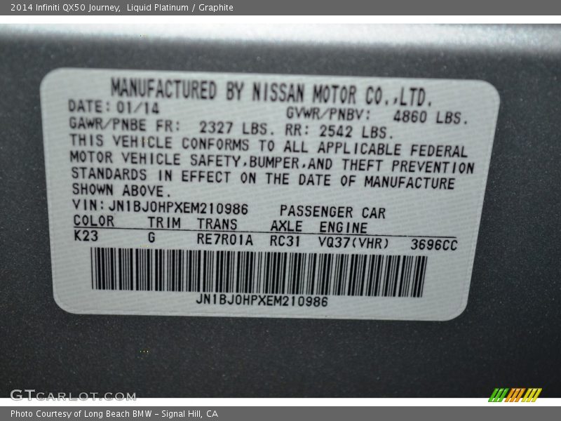 2014 QX50 Journey Liquid Platinum Color Code K23