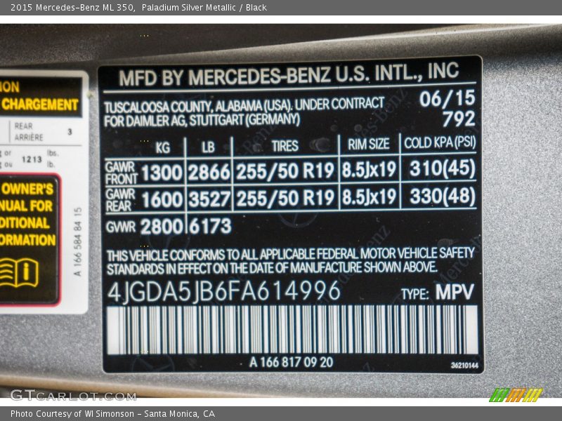 Paladium Silver Metallic / Black 2015 Mercedes-Benz ML 350