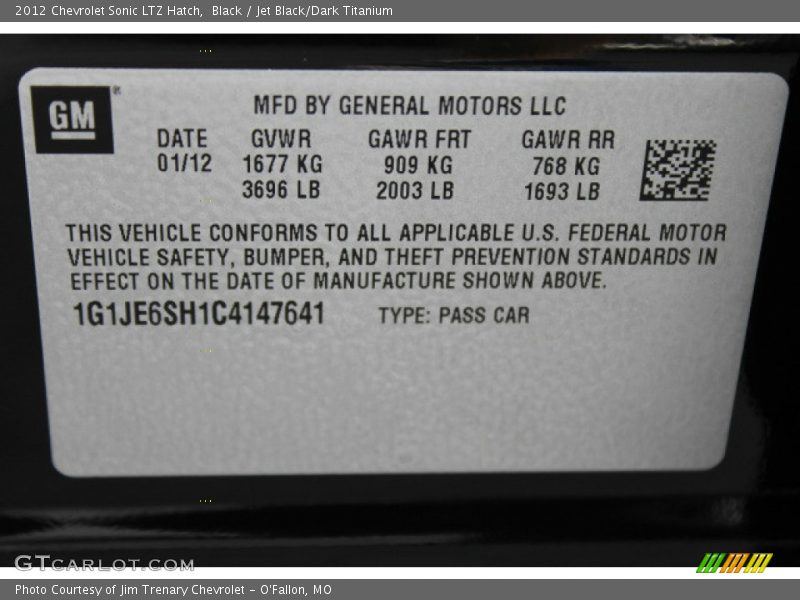 Black / Jet Black/Dark Titanium 2012 Chevrolet Sonic LTZ Hatch
