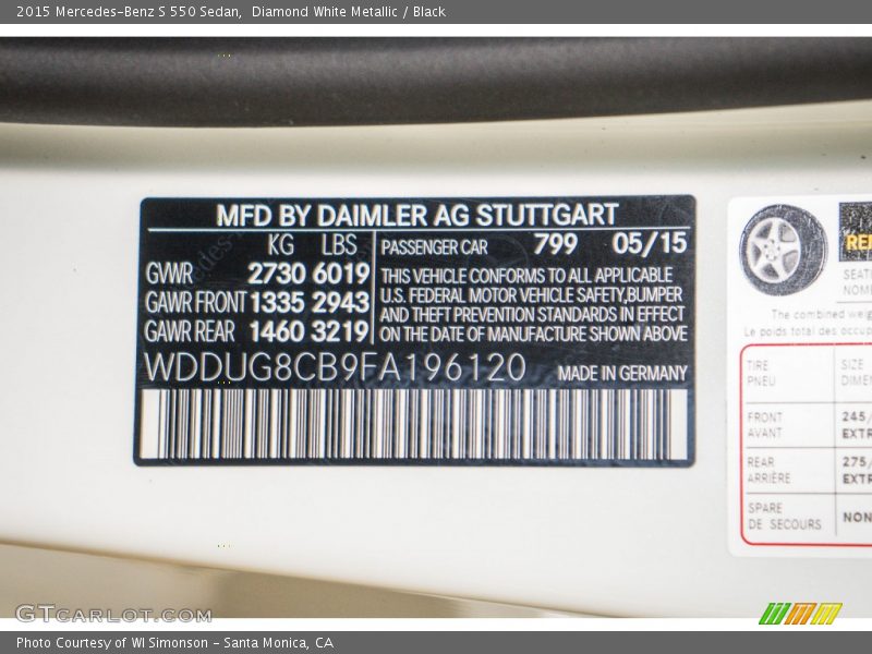 Diamond White Metallic / Black 2015 Mercedes-Benz S 550 Sedan