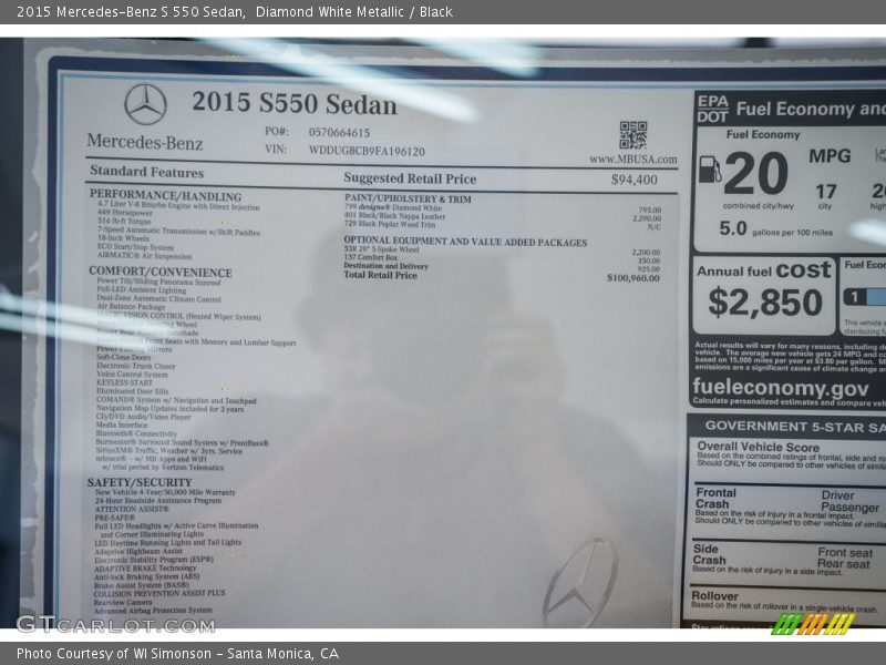 Diamond White Metallic / Black 2015 Mercedes-Benz S 550 Sedan