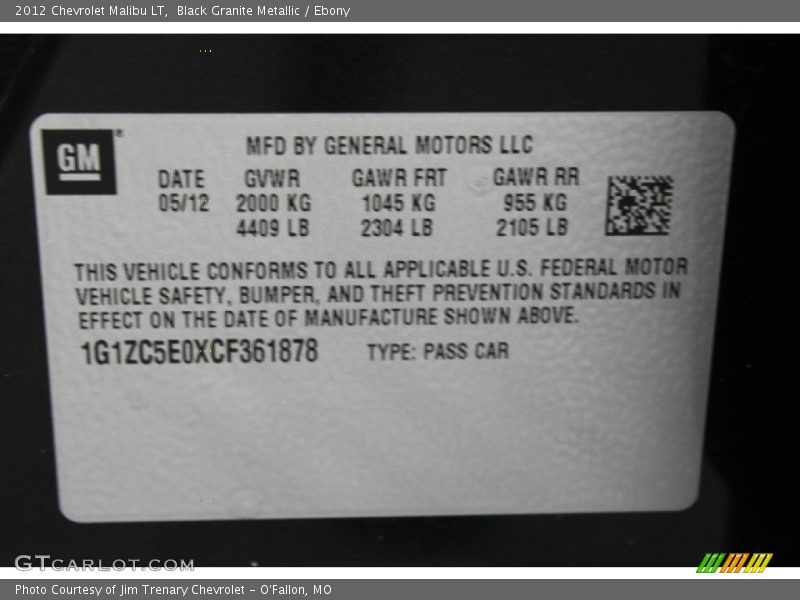 Black Granite Metallic / Ebony 2012 Chevrolet Malibu LT