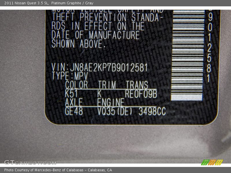 2011 Quest 3.5 SL Platinum Graphite Color Code K51