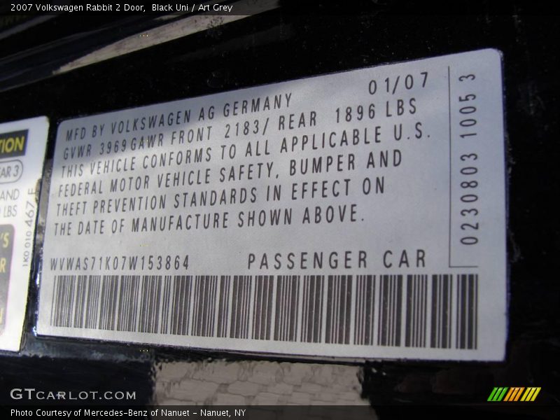 Black Uni / Art Grey 2007 Volkswagen Rabbit 2 Door