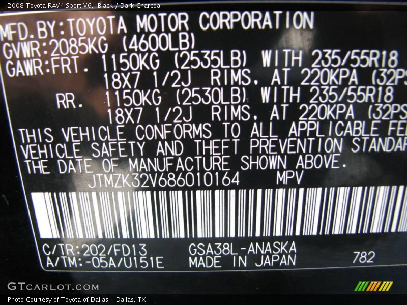 Black / Dark Charcoal 2008 Toyota RAV4 Sport V6